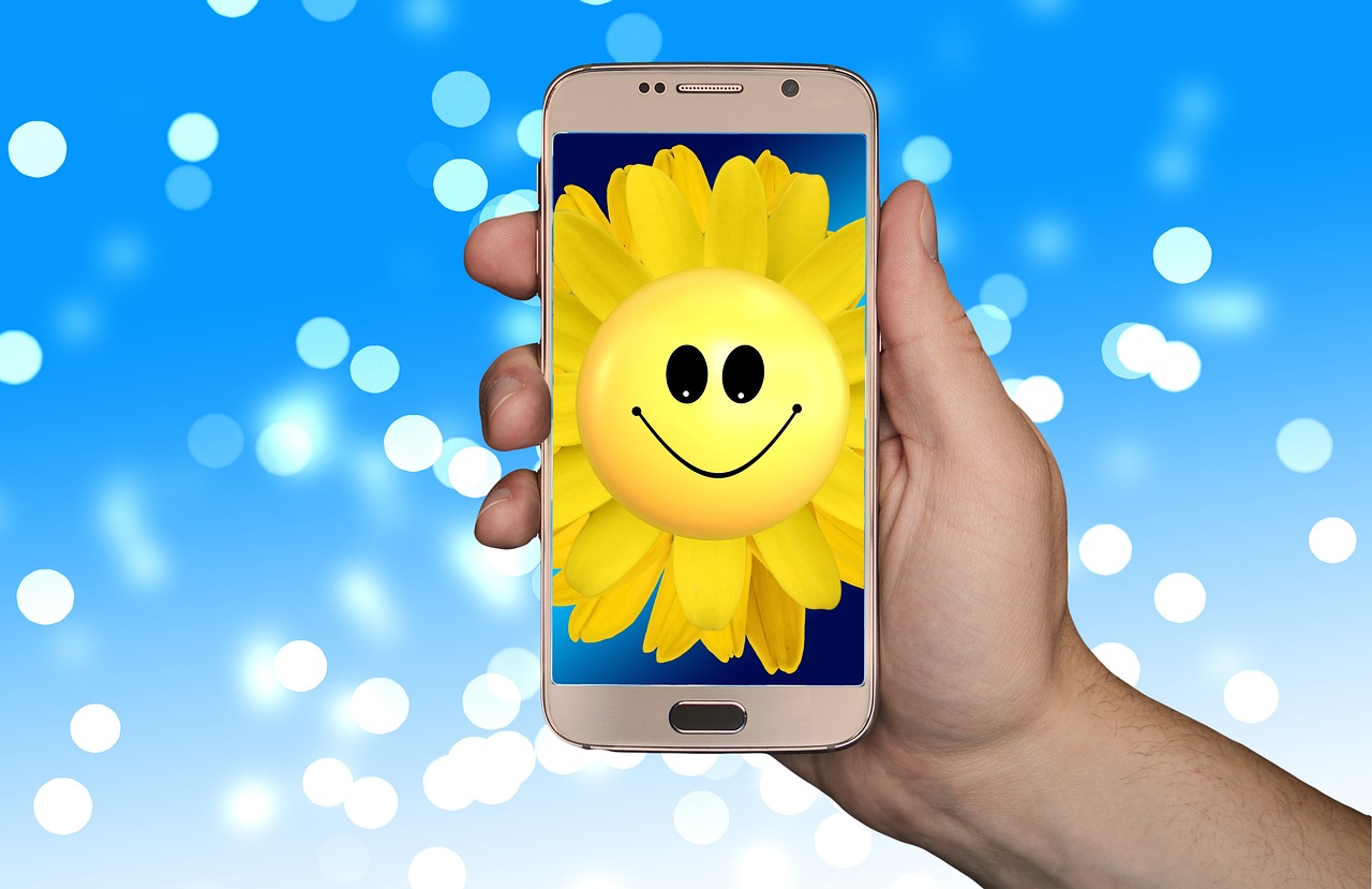 smartphone, sunflower, smilie, smile, pleasure, nature, look forward, blossom, bloom, bloom, plant, bokeh, lovely, summer, season, environment, garden, friendly