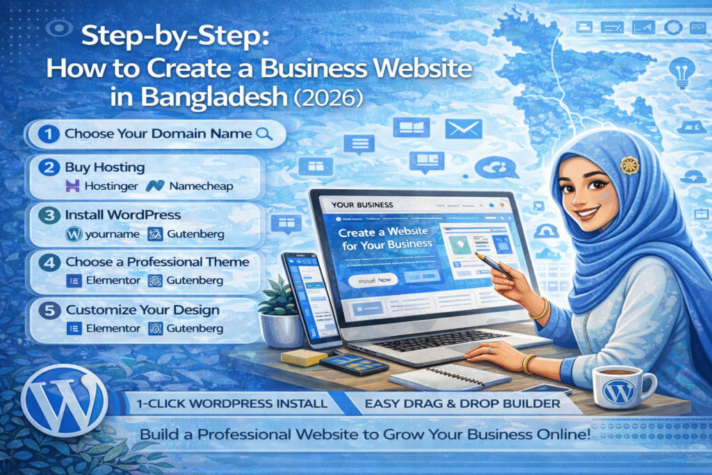 How to create a business website in Bangladesh with WordPress in 2026, illustrated with a Bangladeshi woman in a blue hijab using a laptop