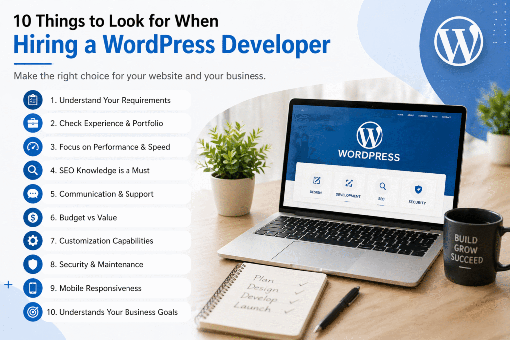 Key factors to consider when hiring a WordPress developer including experience, SEO, and performance