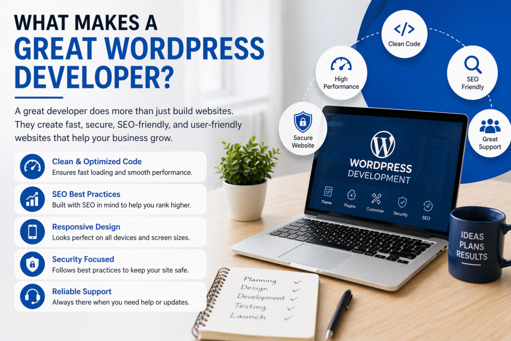 What makes a great WordPress developer including clean code, SEO practices, and responsive design