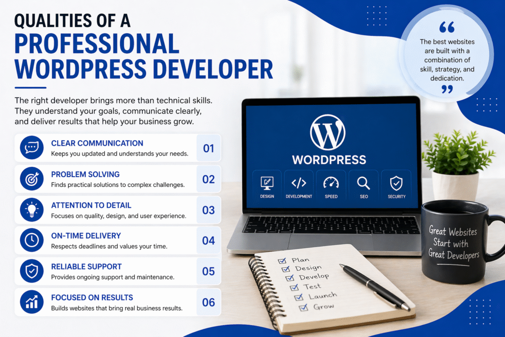 Qualities of a professional WordPress developer such as communication, problem solving, and reliable support