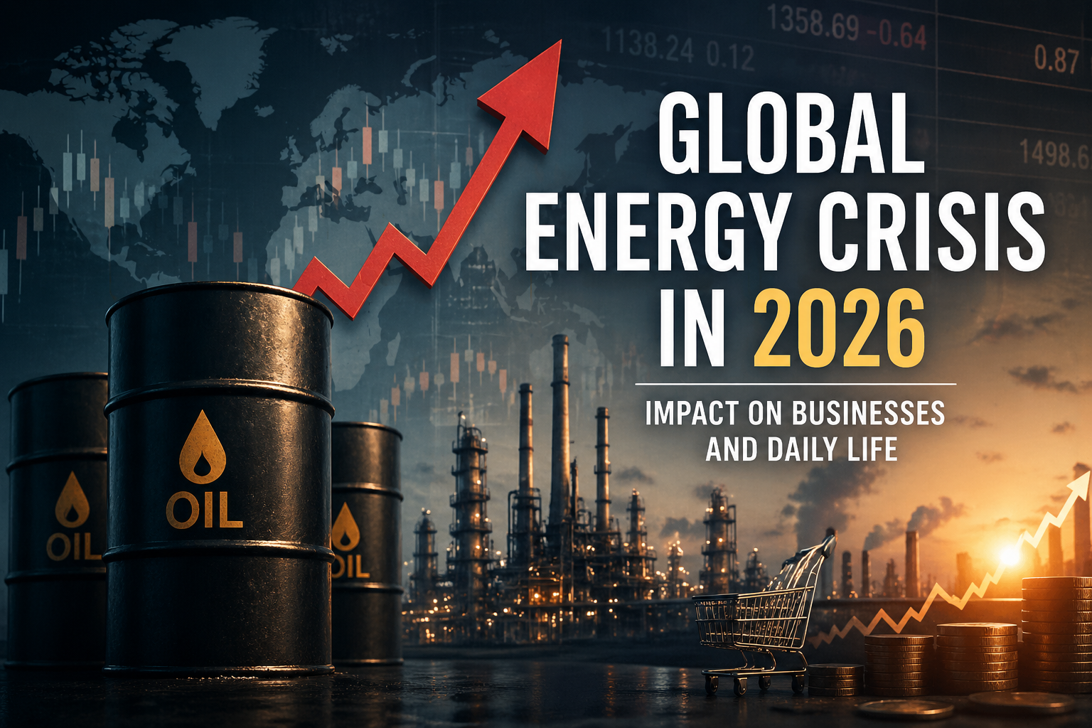 Global energy crisis 2026 showing rising oil prices, refinery industry, and economic impact on businesses and daily life
