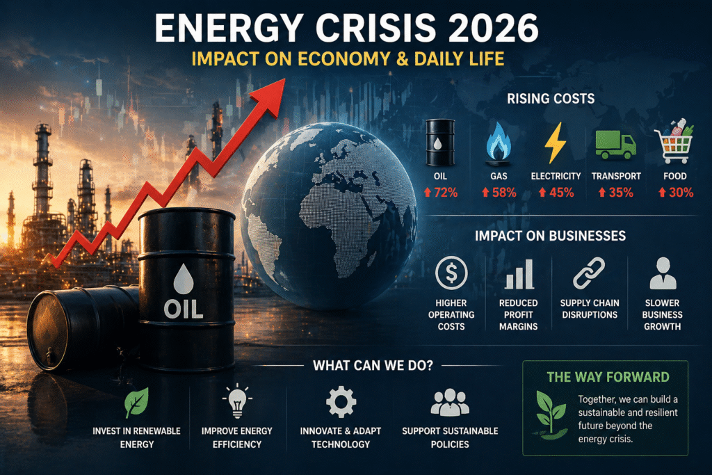 Infographic showing the global energy crisis 2026, highlighting rising oil, gas, electricity, transport, and food costs along with impacts on businesses and solutions like renewable energy and efficiency.