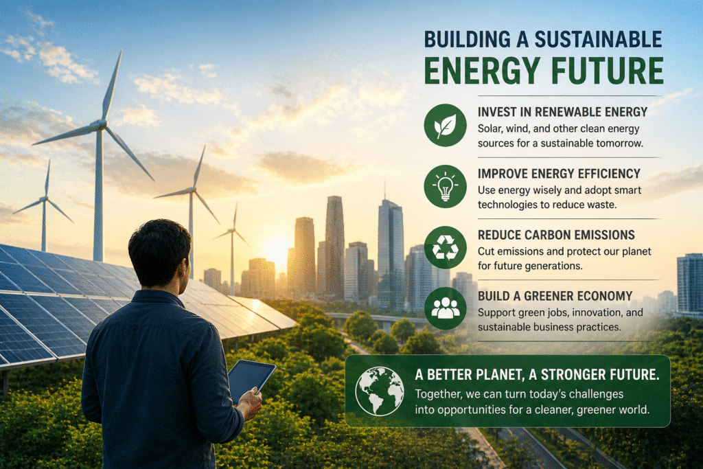 Sustainable energy future illustration showing solar panels, wind turbines, and a modern green city with infographic tips on renewable energy, efficiency, and reducing carbon emissions.