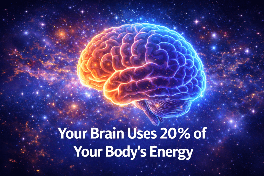 Human brain uses 20 percent of body energy visual illustration with glowing brain