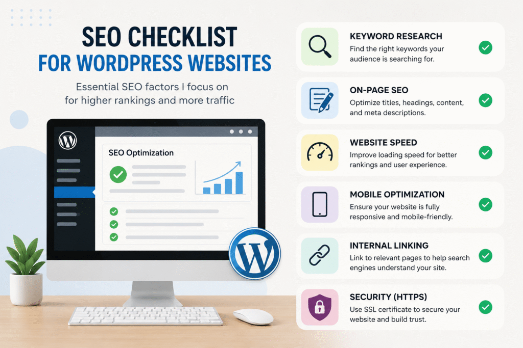 SEO checklist infographic for WordPress websites with optimization tips