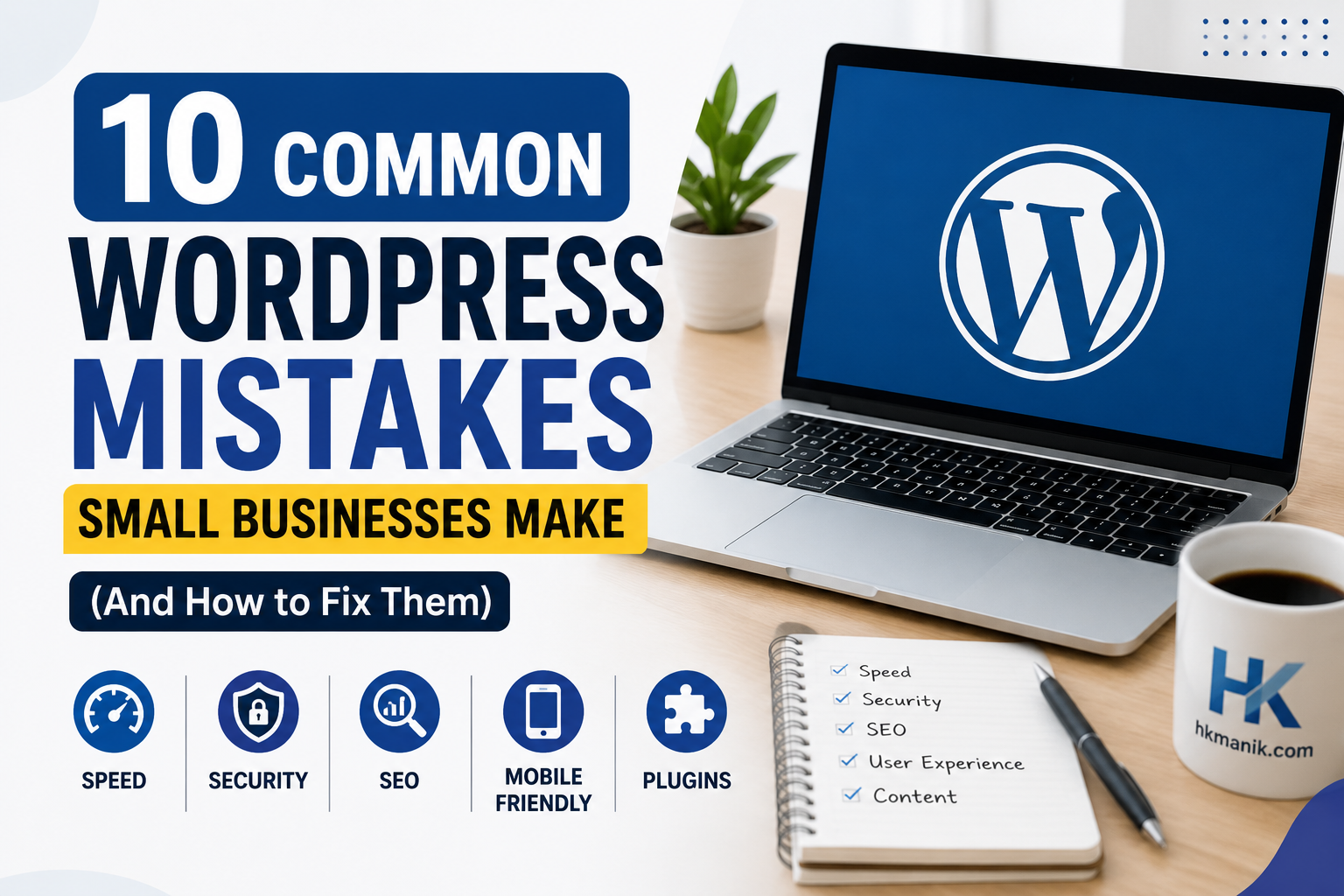 10 common WordPress mistakes small businesses make with SEO, security, speed, and mobile optimization illustration