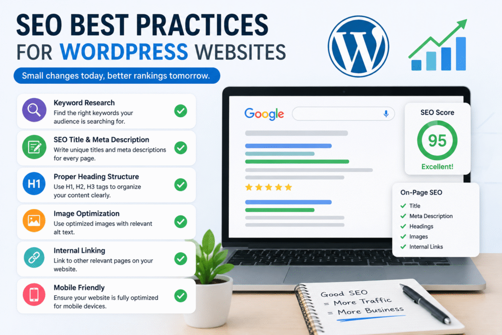 SEO best practices for WordPress websites including keyword research, image optimization, and mobile-friendly design
