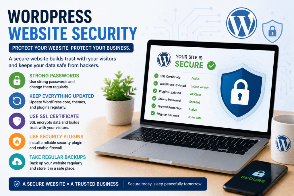 WordPress website security tips including SSL, strong passwords, backups, and security plugins