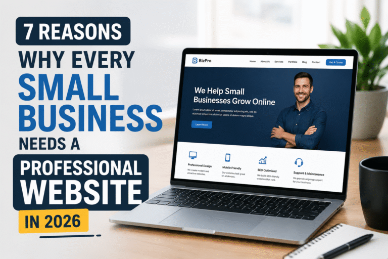 Laptop displaying a professional small business website design on a modern desk setup with bold text reading ‘7 Reasons Why Every Small Business Needs a Professional Website in 2026’. The image highlights website development, SEO optimization, mobile-friendly design, and online business growth.
