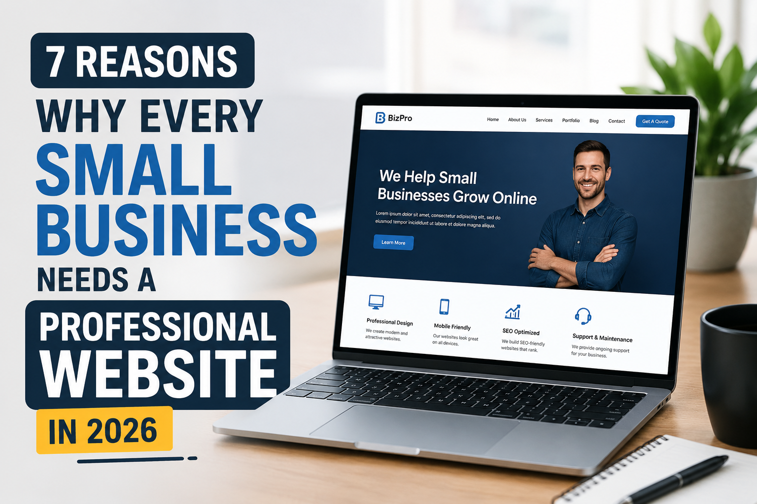 Laptop displaying a professional small business website design on a modern desk setup with bold text reading ‘7 Reasons Why Every Small Business Needs a Professional Website in 2026’. The image highlights website development, SEO optimization, mobile-friendly design, and online business growth.