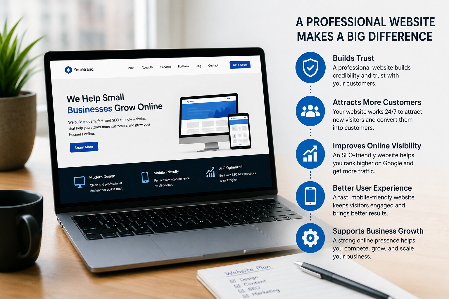 Modern laptop displaying a professional small business website design with SEO, mobile-friendly, and business growth features highlighted beside the screen in a clean office workspace.