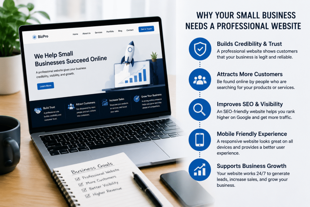 “Modern laptop displaying a professional small business website alongside an infographic explaining how a professional website builds trust, improves SEO, attracts customers, and supports business growth.”