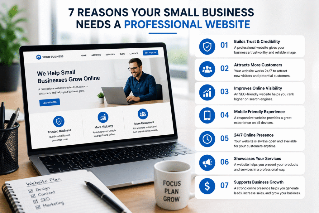 Professional website benefits infographic showing a modern small business website displayed on a laptop, alongside seven key reasons why small businesses need a professional website, including SEO, customer trust, mobile responsiveness, online visibility, and business growth