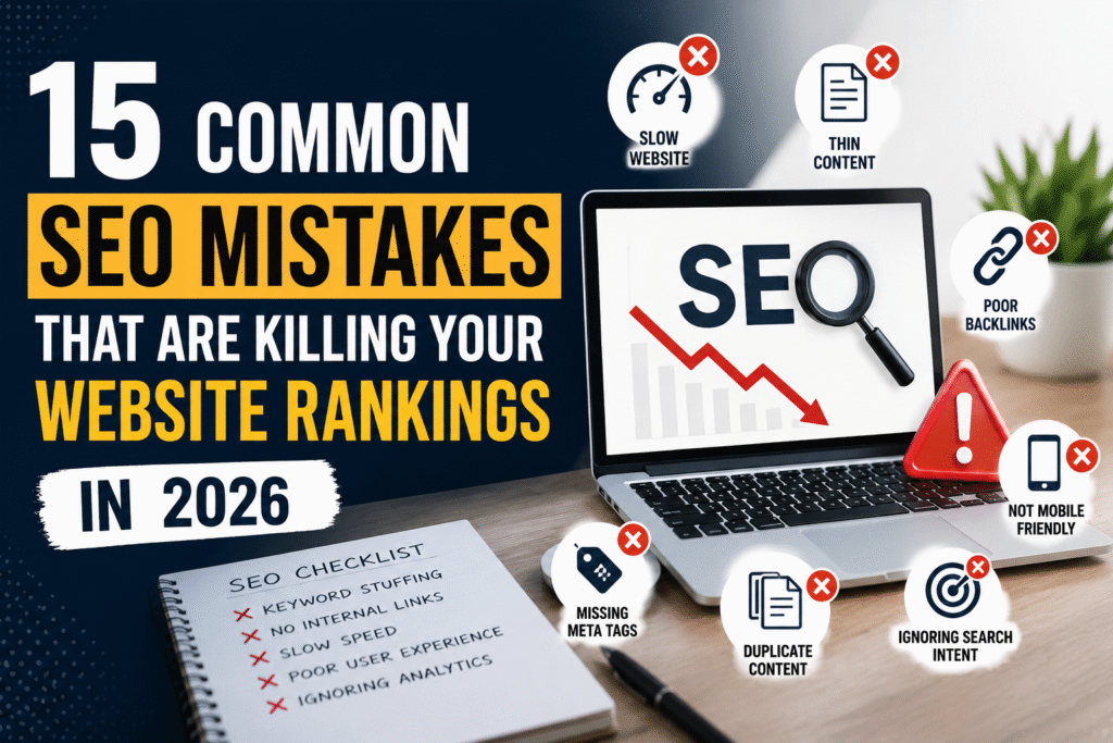 Common SEO mistakes affecting website rankings and organic traffic in 2026.