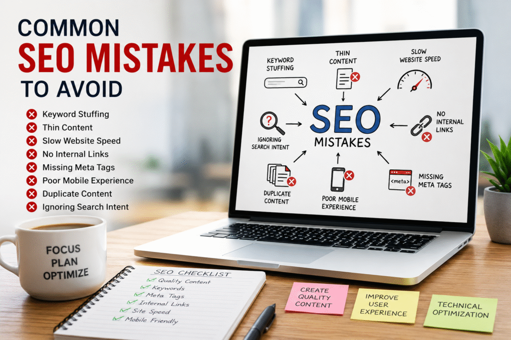 Common SEO mistakes that can hurt website rankings and traffic.