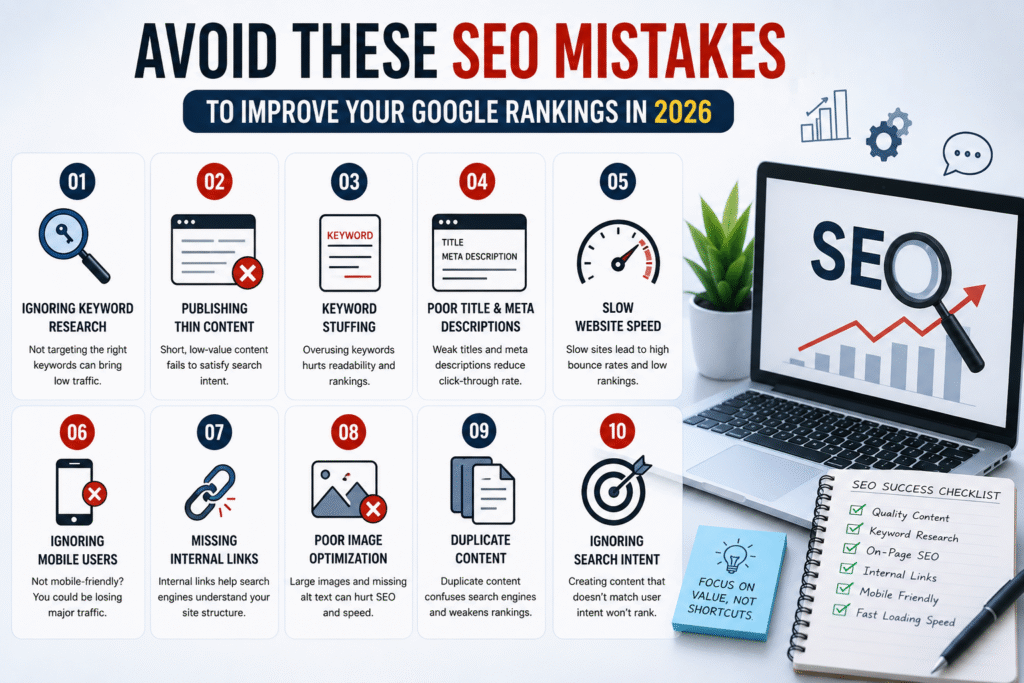 Infographic showing common SEO mistakes to avoid for better Google rankings in 2026.