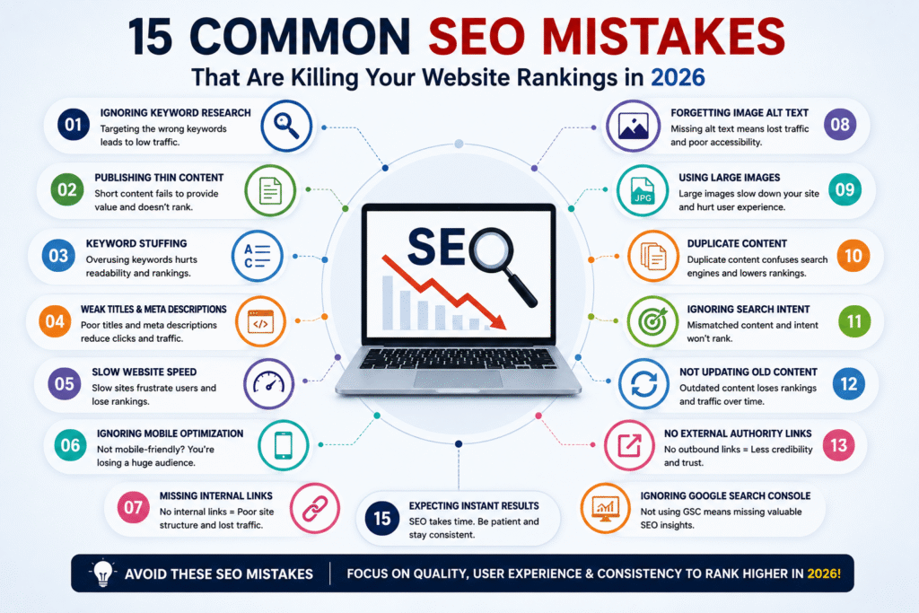 Infographic showing 15 common SEO mistakes that can hurt website rankings in 2026