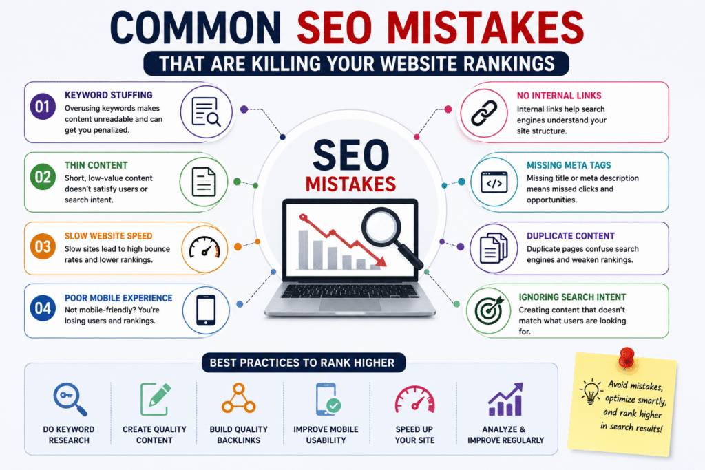 Infographic showing common SEO mistakes and best practices for improving website rankings