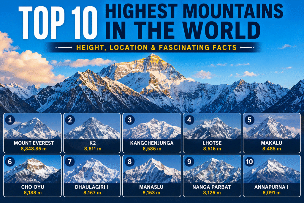 Stunning view of the top 10 highest mountains in the world, including Mount Everest and K2.