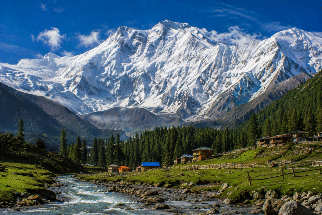 Nanga Parbat, the ninth-highest mountain in the world, towering above green valleys, alpine forests, and a flowing stream in northern Pakistan.