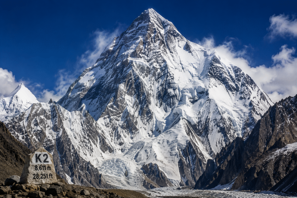 K2, the second-highest mountain in the world, rising above the snow-covered Karakoram Range under a clear blue sky.