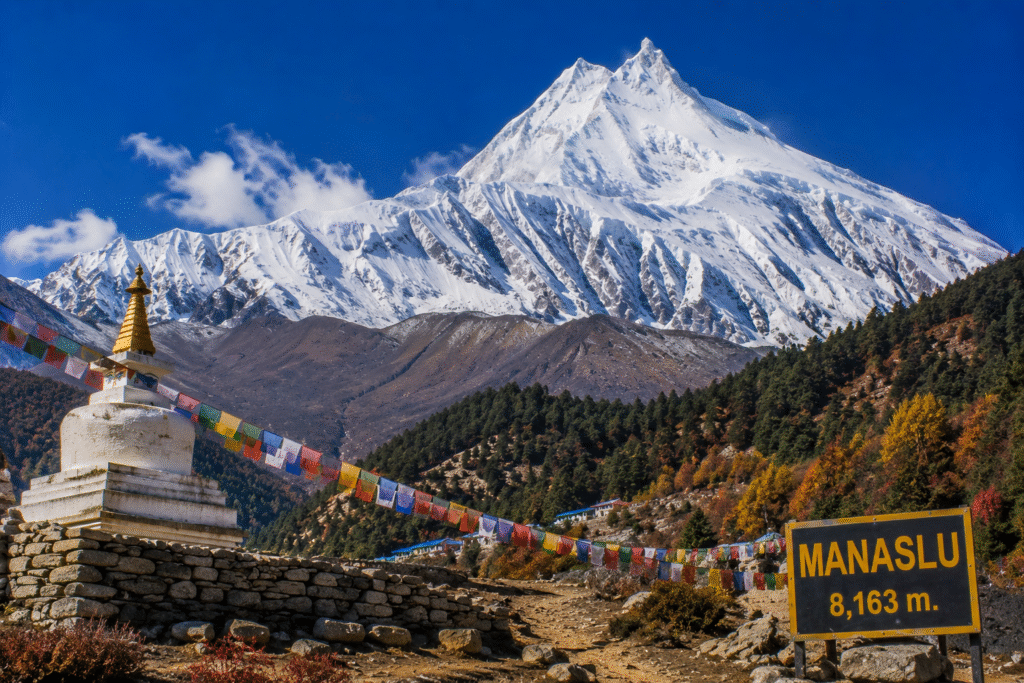 Manaslu, the eighth-highest mountain in the world, rising above colorful prayer flags, alpine forests, and a peaceful Himalayan landscape