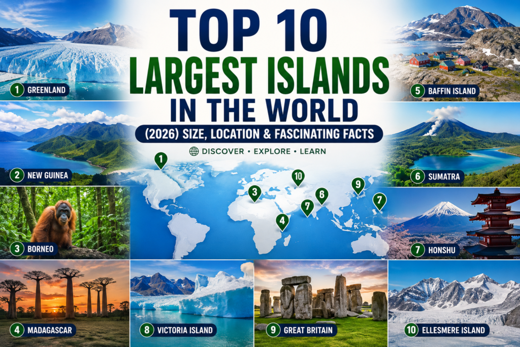 Top 10 Largest Islands in the World featuring Greenland, New Guinea, Borneo, Madagascar and other major islands