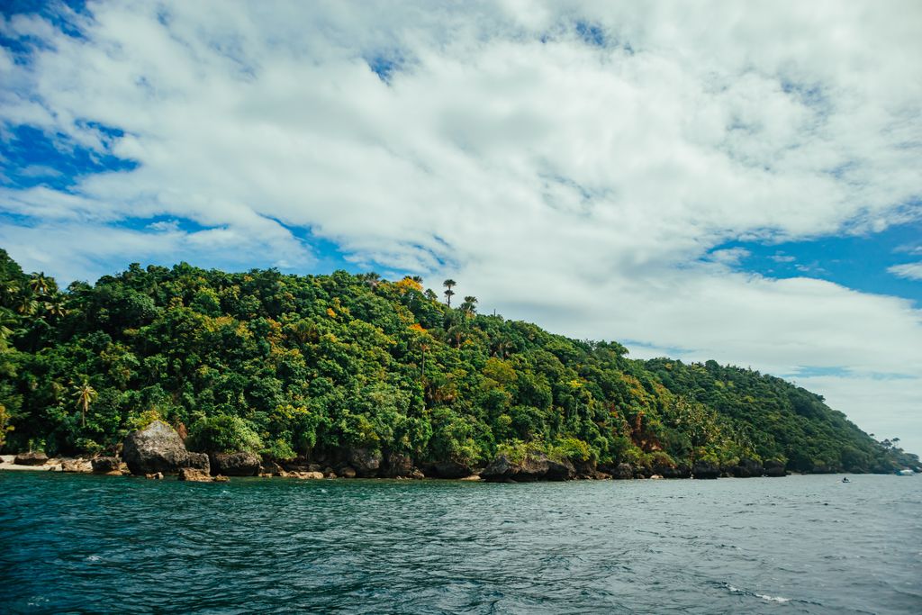 A serene tropical island with lush greenery and clear waters under a bright sky.