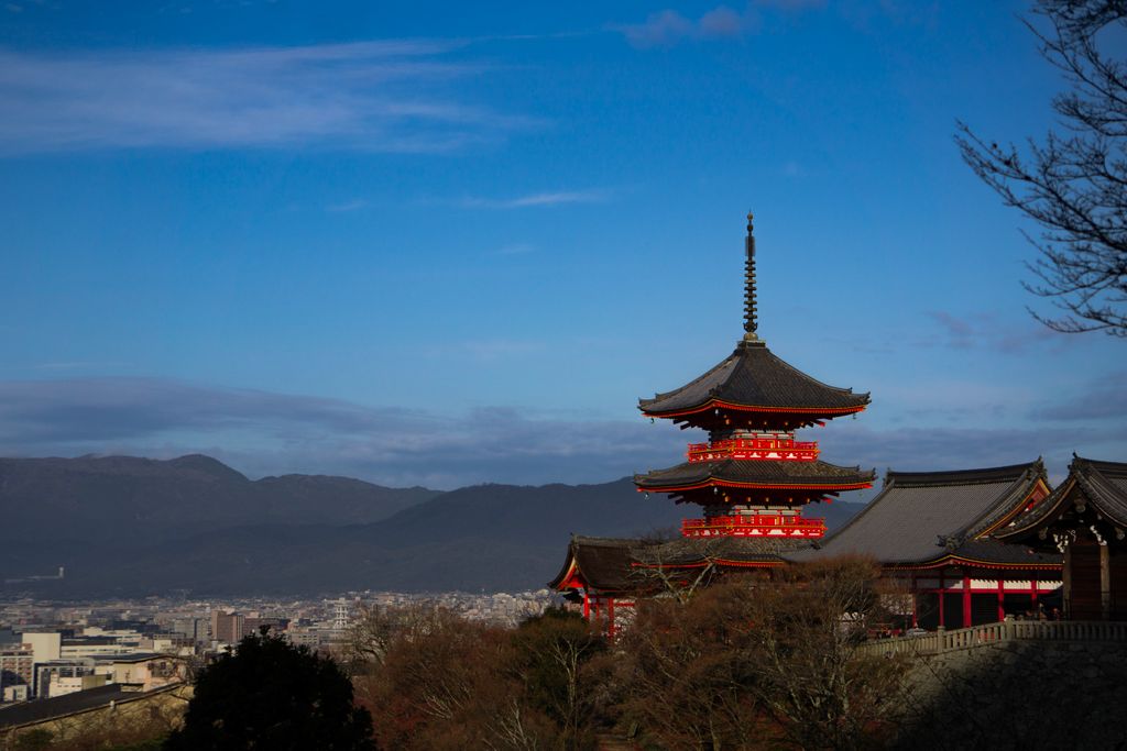 Beautiful view of Kiyomizu-dera Temple in Kyoto against a clear blue sky.