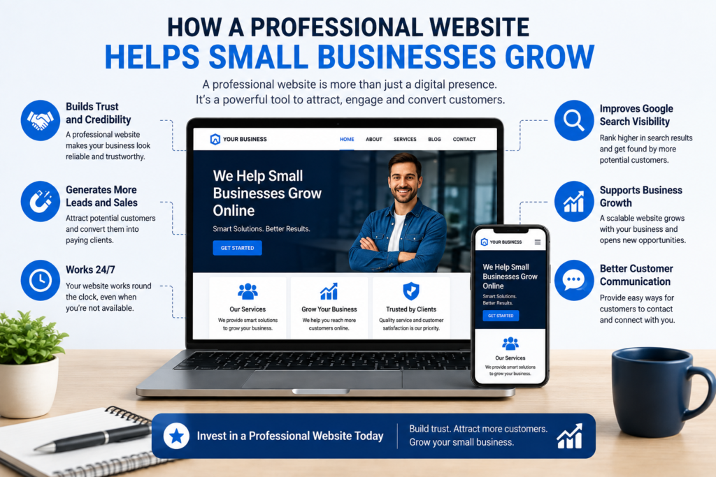 How a professional website helps small businesses grow by building trust, improving SEO, generating leads, and increasing online visibility in 2026