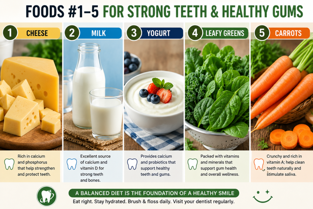 Cheese, milk, yogurt, leafy greens and carrots for healthy teeth and gums