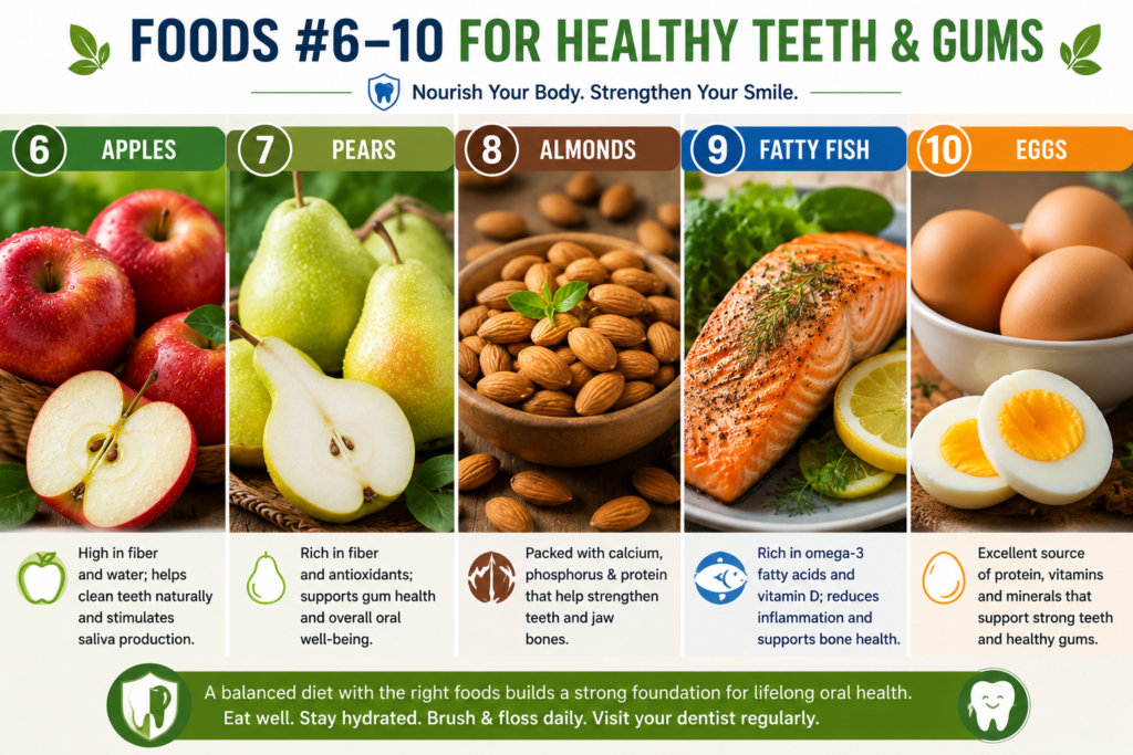 Cheese, milk, yogurt, leafy greens and carrots for healthy teeth and gums