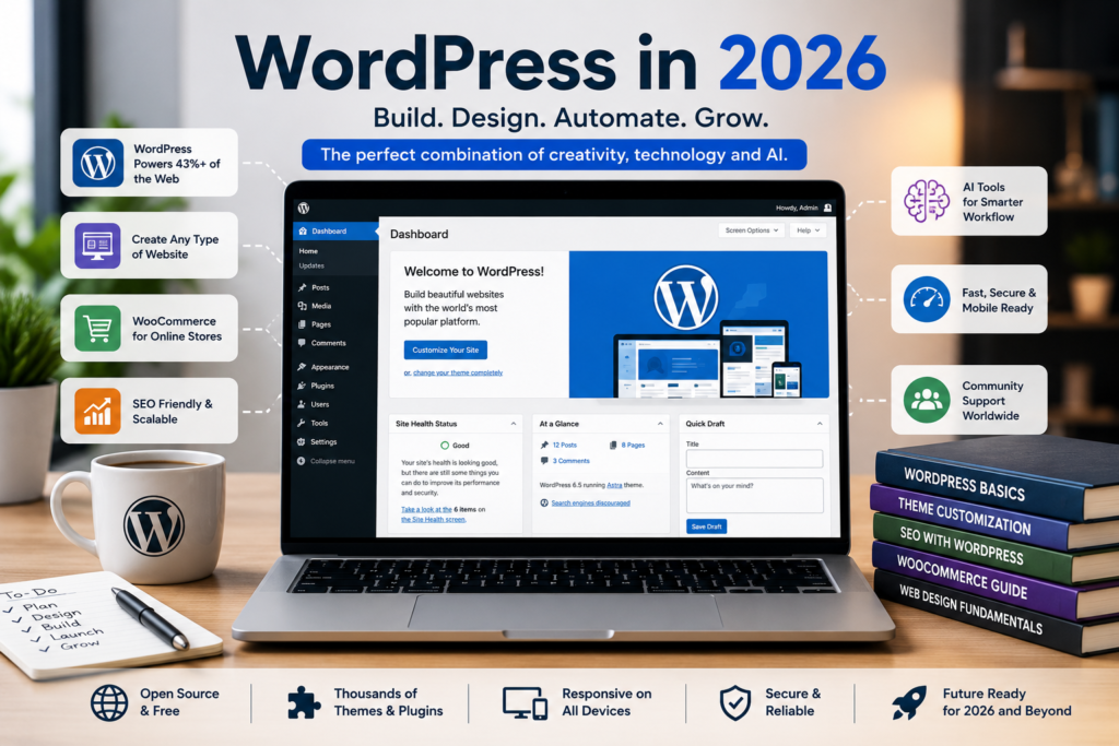 WordPress in 2026 showing website building, AI tools, WooCommerce and SEO