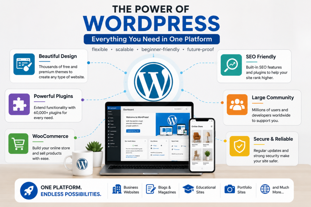 WordPress features including themes, plugins, WooCommerce, SEO and security