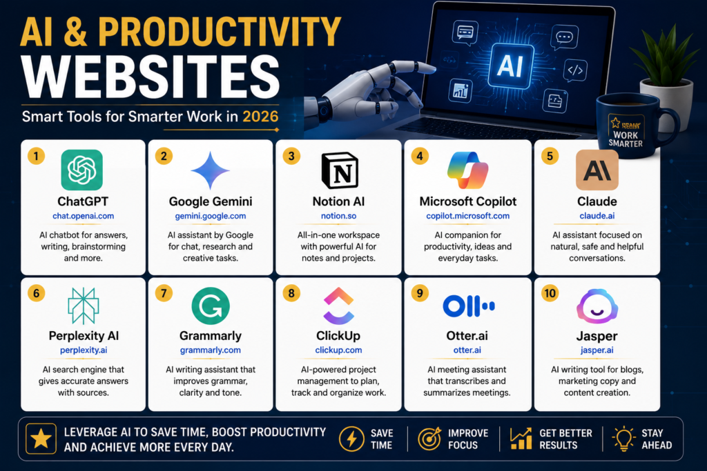 AI and productivity websites including ChatGPT, Gemini, Notion AI, Copilot, Claude and other useful tools in 2026