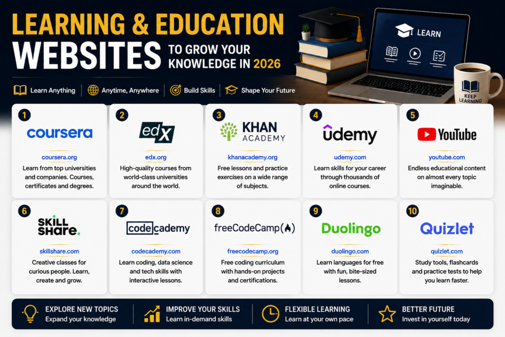 Learning and education websites including Coursera, edX, Khan Academy, Udemy, YouTube, Codecademy and Duolingo