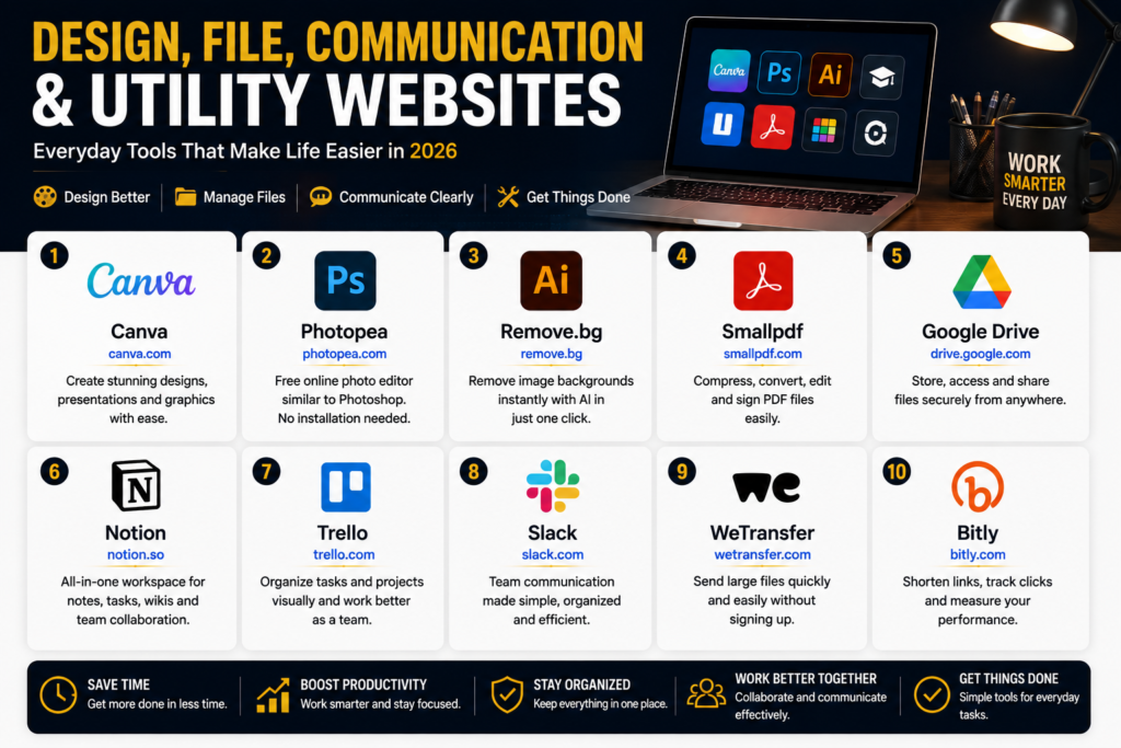 Design, file, communication and utility websites including Canva, Photopea, Smallpdf, Google Drive, Notion, Trello, Slack and WeTransfer