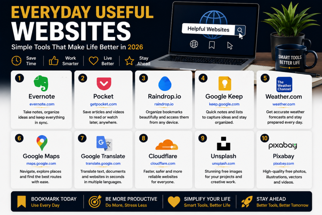 Everyday useful websites including Google Maps, Google Translate, Weather.com, Google Keep, Unsplash and Pixabay