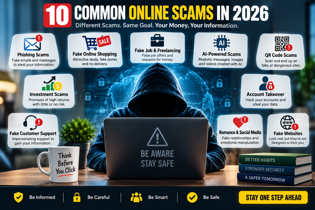 10 common online scams in 2026 including phishing, fake shopping, job, AI, QR code and investment scams