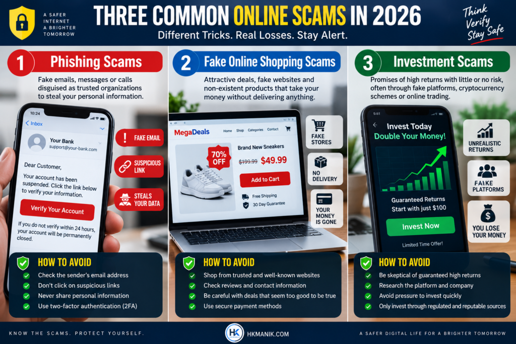 Phishing, fake online shopping and investment scams in 2026 with warning signs and prevention tips