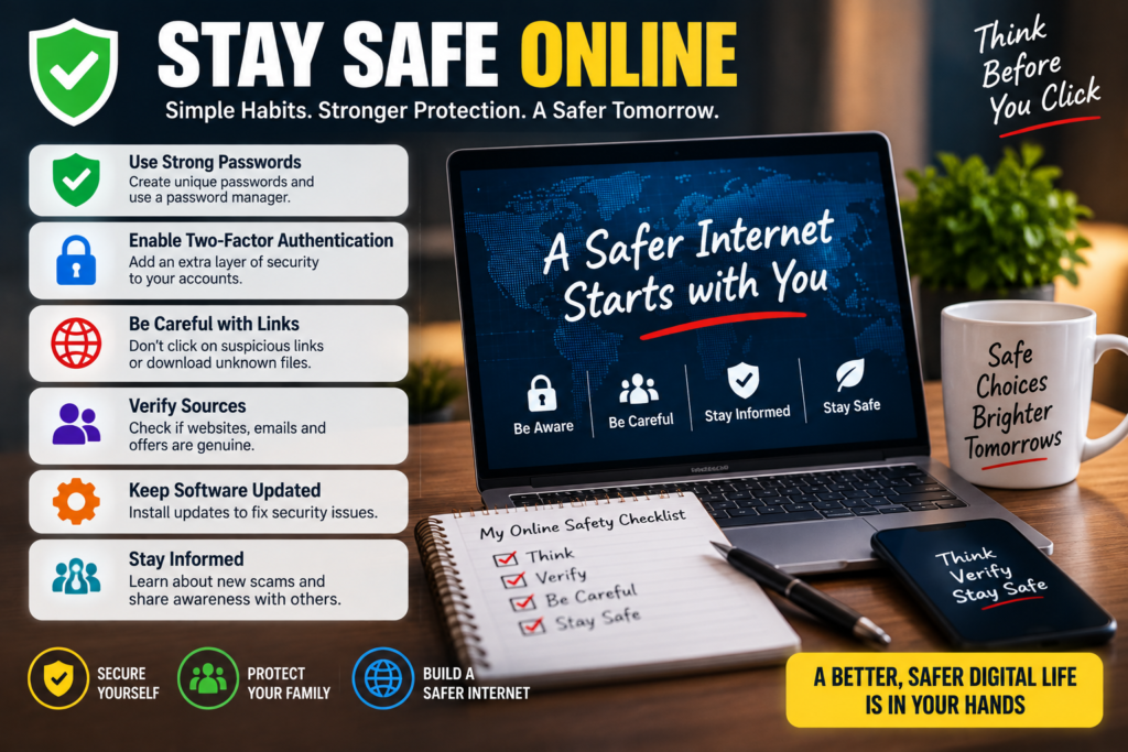 Online safety infographic showing six ways to stay safe online, including strong passwords, two-factor authentication, cautious link use, source verification, software updates, and staying informed