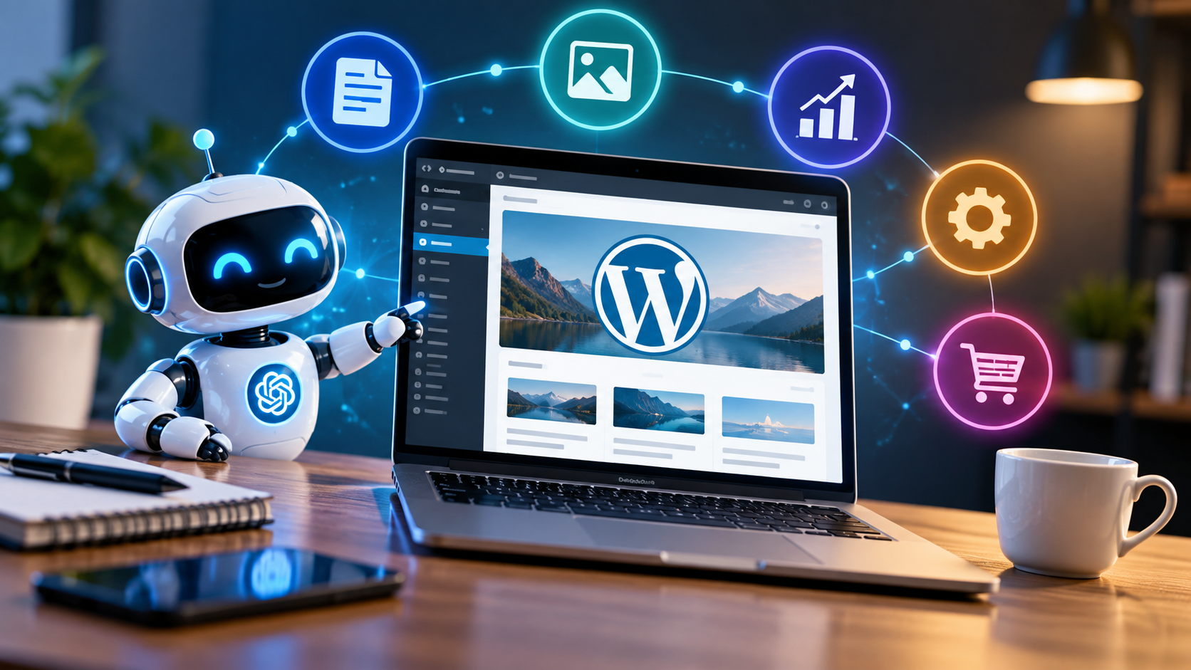 AI for WordPress tools and automation displayed on a laptop with a digital assistant