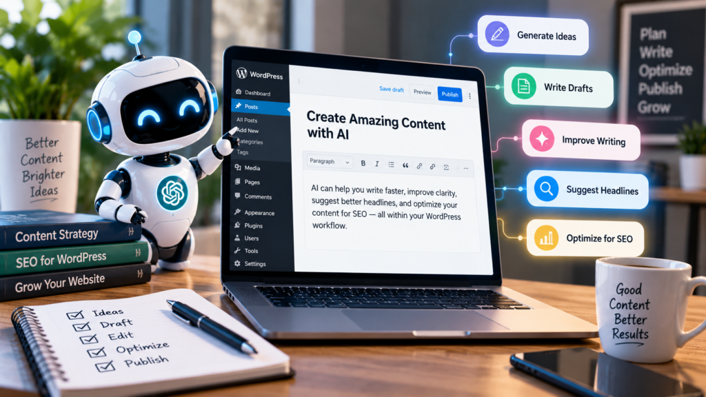 AI content creation for WordPress with a smart assistant helping write and optimize a blog post