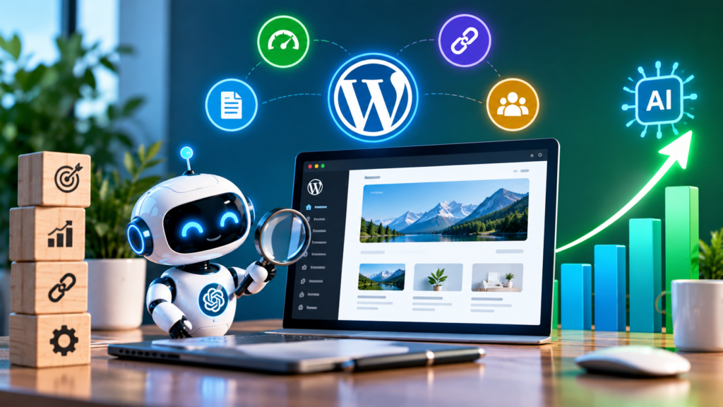AI robot assisting with WordPress website design, setup, management, and growth on a laptop