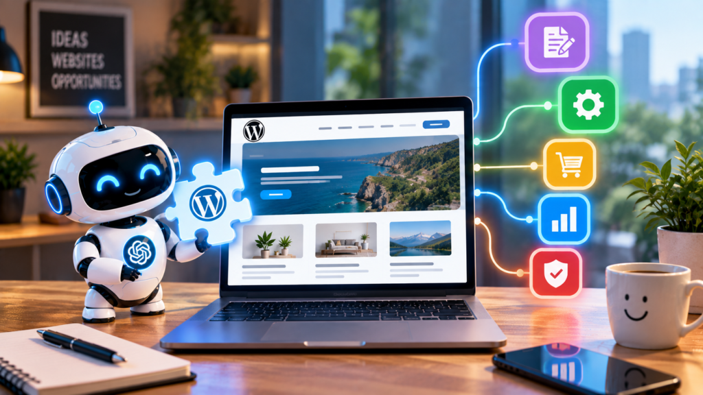 AI robot assisting with WordPress website design and automation on a laptop