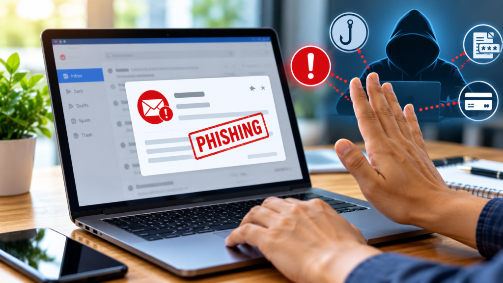Suspicious email phishing warning showing a laptop, phishing hook, and scam alert