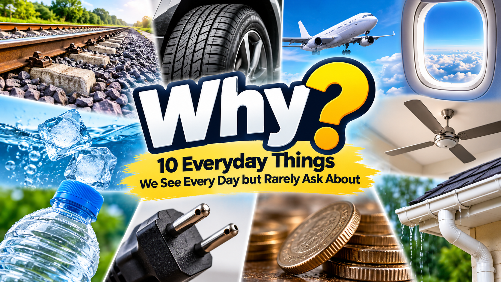10 everyday mysteries explained, including railway tracks, car tires, airplane windows, ice, ceiling fans, bottles, plugs, coins, and gutters