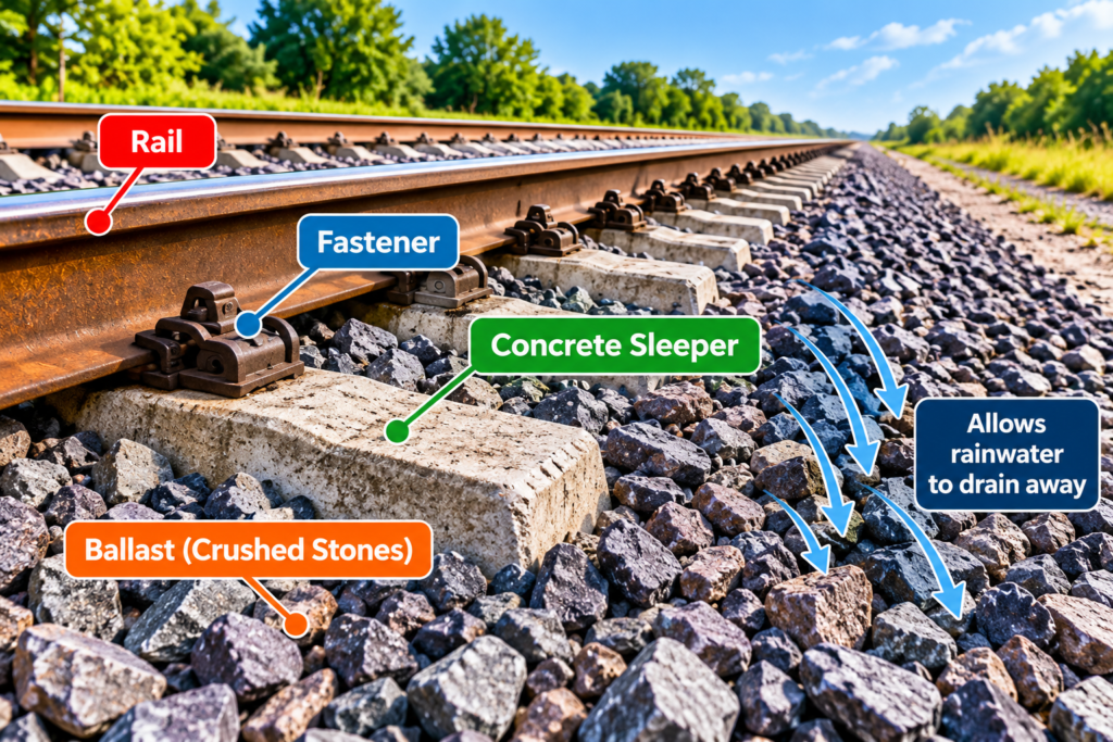 Railway tracks showing ballast crushed stones, concrete sleepers, and fasteners