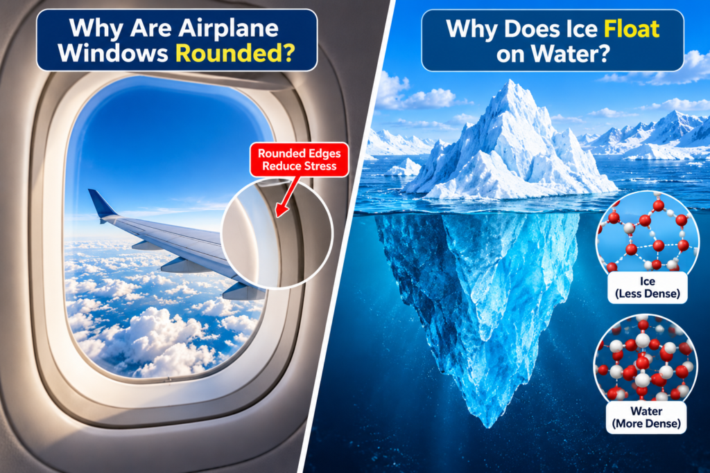 Airplane window with rounded corners and an iceberg floating in water